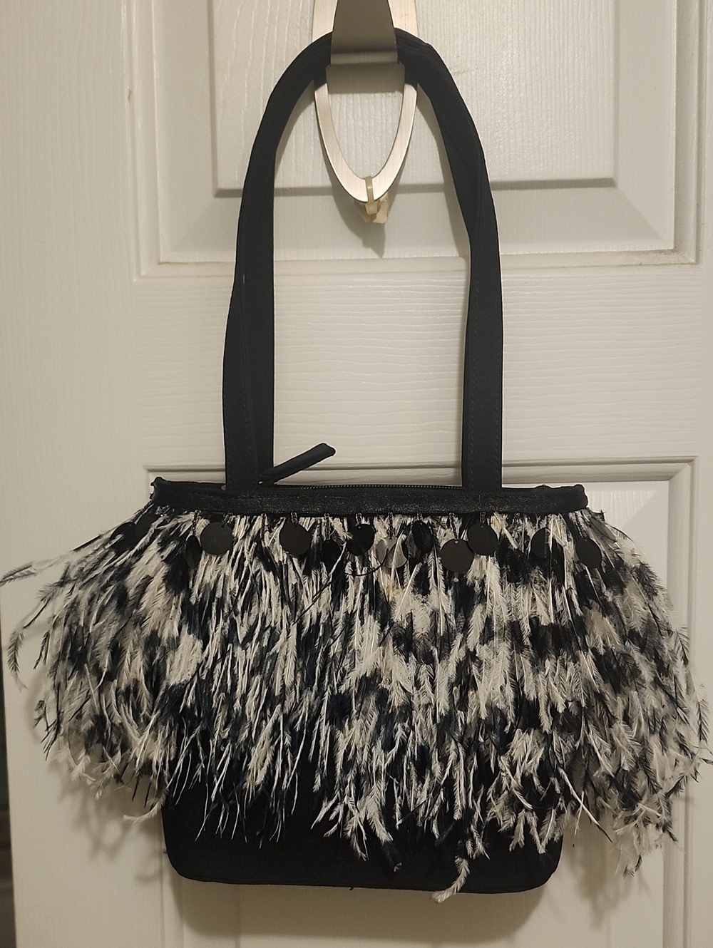 Black and White Feather-Trim Tote Bag